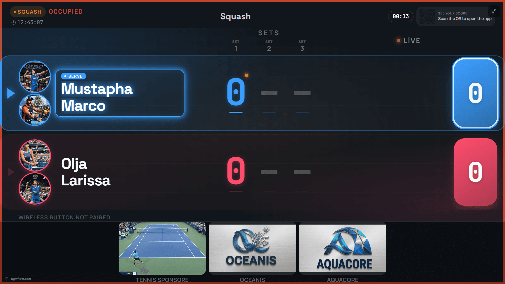 Multi Score Screen live squash scoreboard, team view