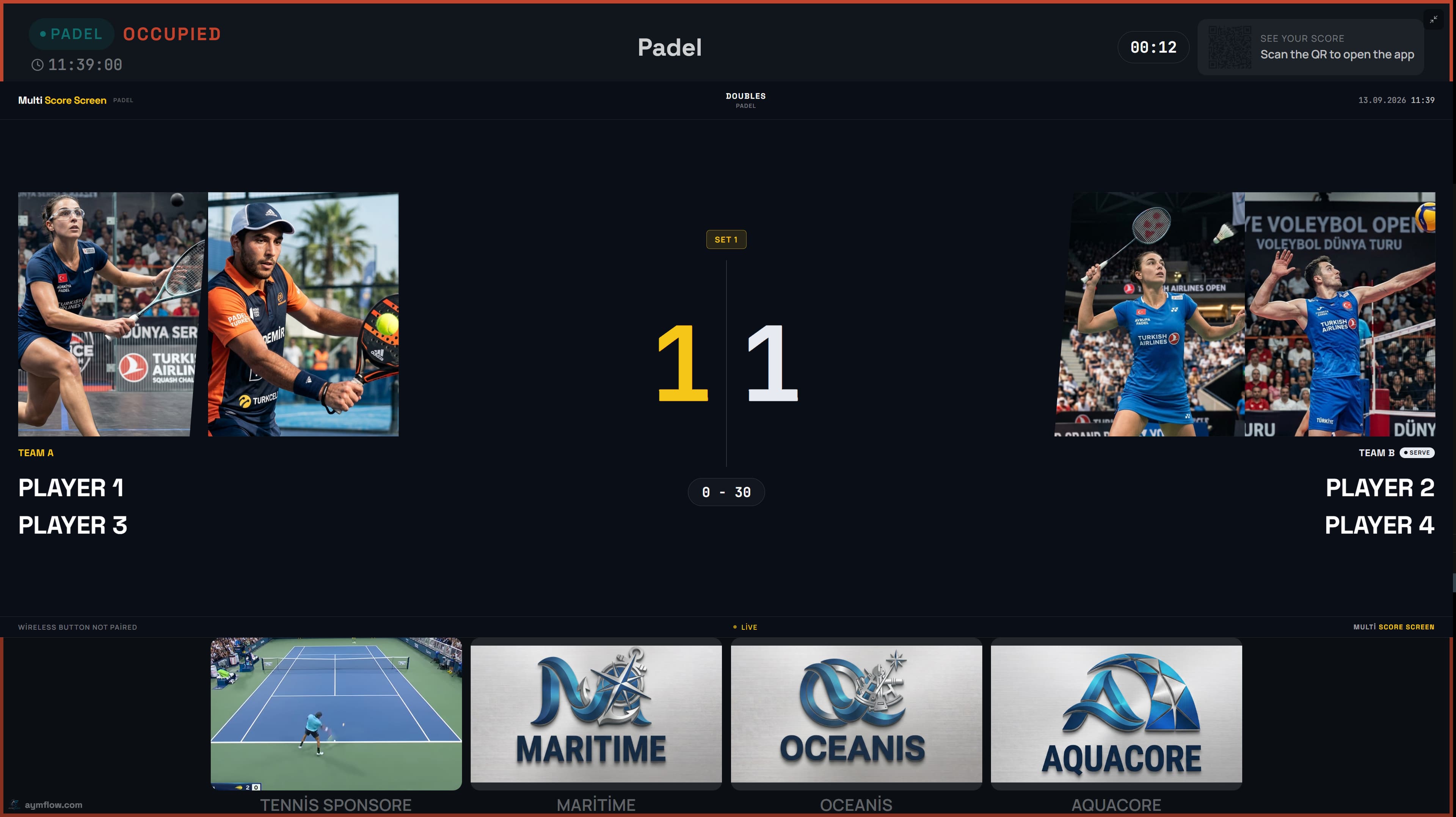 Multi Score Screen live padel scoreboard, set 1, 1-1
