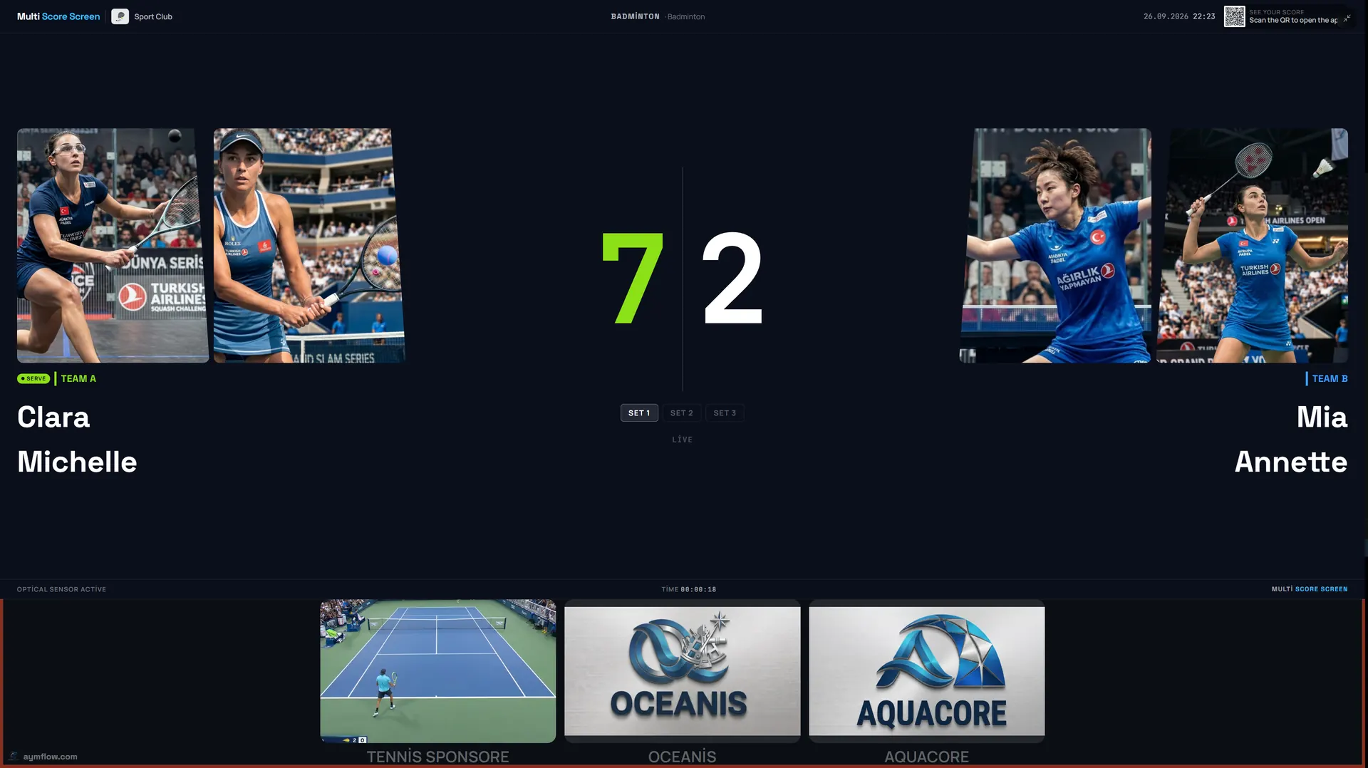 Multi Score Screen live badminton scoreboard: doubles game 1 at 7-2, serve indicator, player photos and a sponsor strip