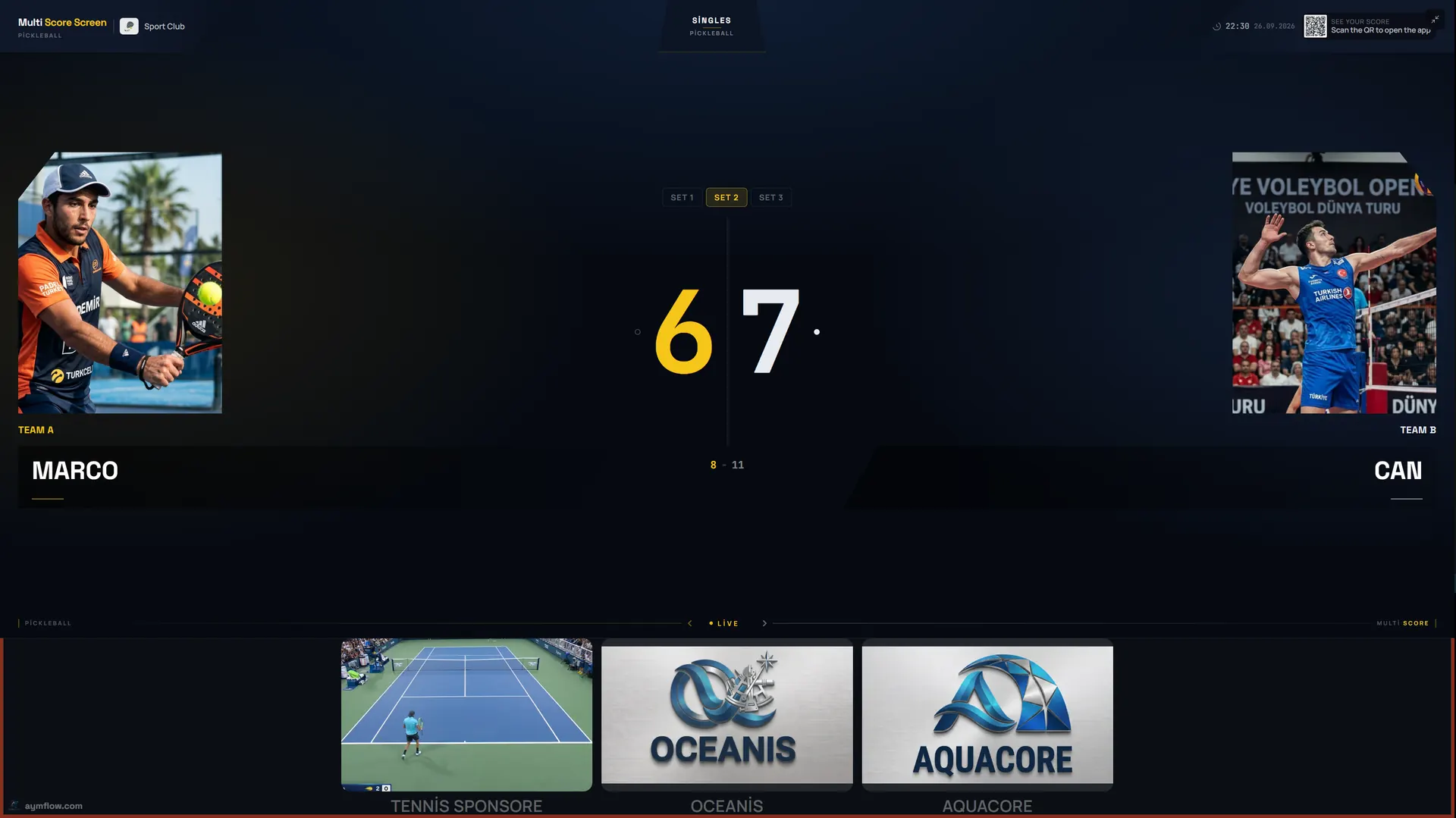 Broadcast theme pickleball scoreboard on a court TV: singles at 6-7 in game 2, player photos and sponsor strip