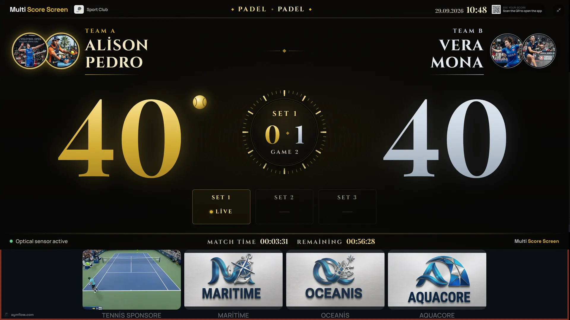 Multi Score Screen Gold theme: padel doubles with gold and silver 40-40 numerals, set 1 at 0-1, match timer and sponsor strip