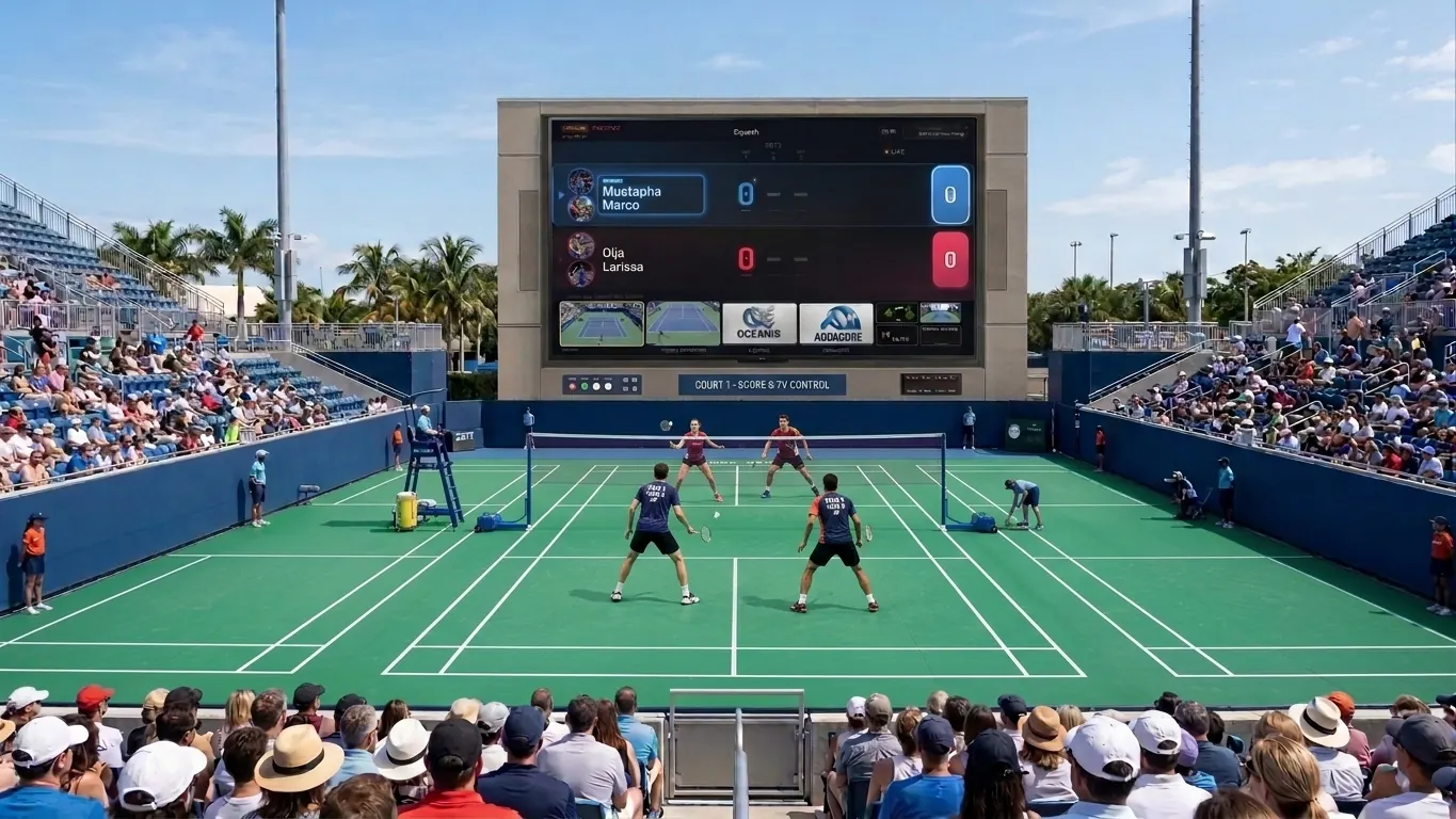 Concept render of a stadium court with a giant Multi Score Screen scoreboard above the stands, showing live player names and scores while spectators watch the match