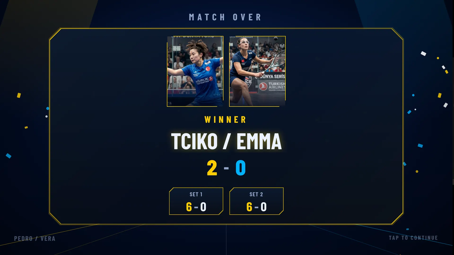 Neon theme winner celebration screen on a TV scoreboard: Tciko / Emma win 2-0, sets 6-0, 6-0