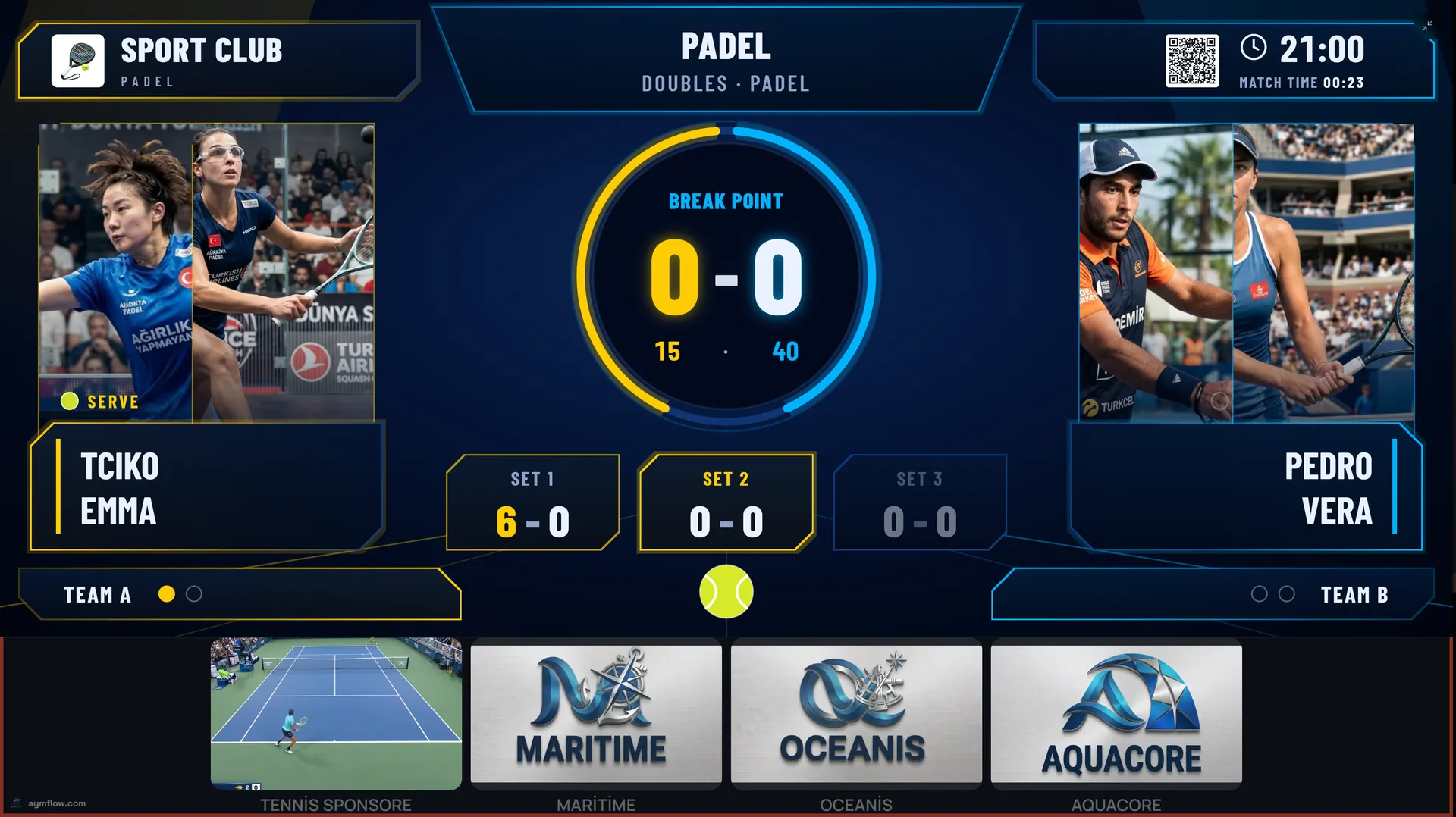 Neon theme padel scoreboard on a TV: doubles at break point, set 1 won 6-0, player photos and sponsor strip