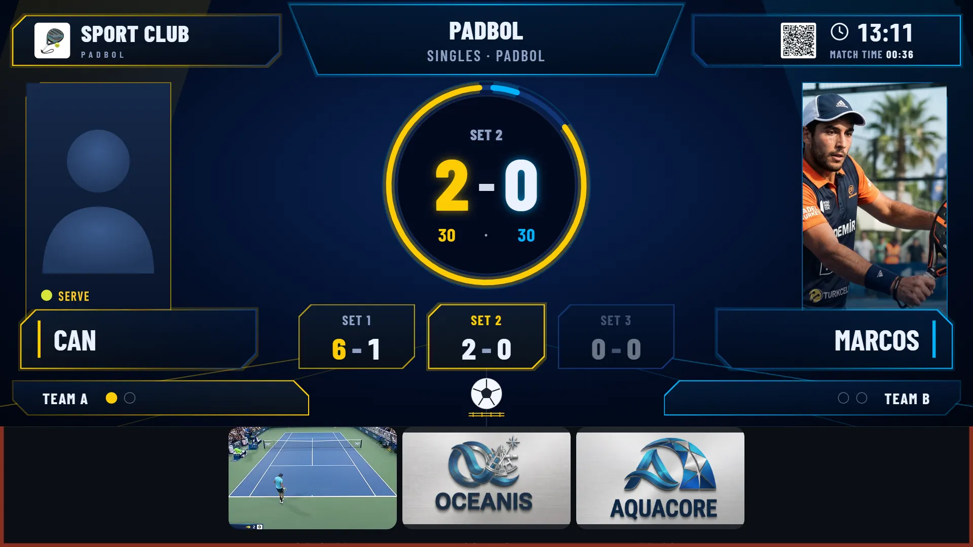 Multi Score Screen padbol scoreboard on TV: singles match, set 2 at 2-0, 30-30 point score, match time and sponsor strip