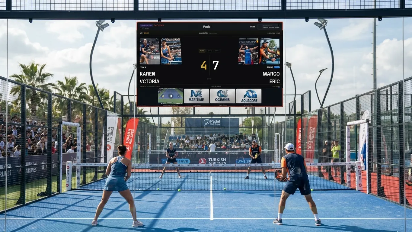 Concept render of a padel court with a Multi Score Screen live scoreboard above the back glass, showing player names, a 4-7 score and a sponsor strip
