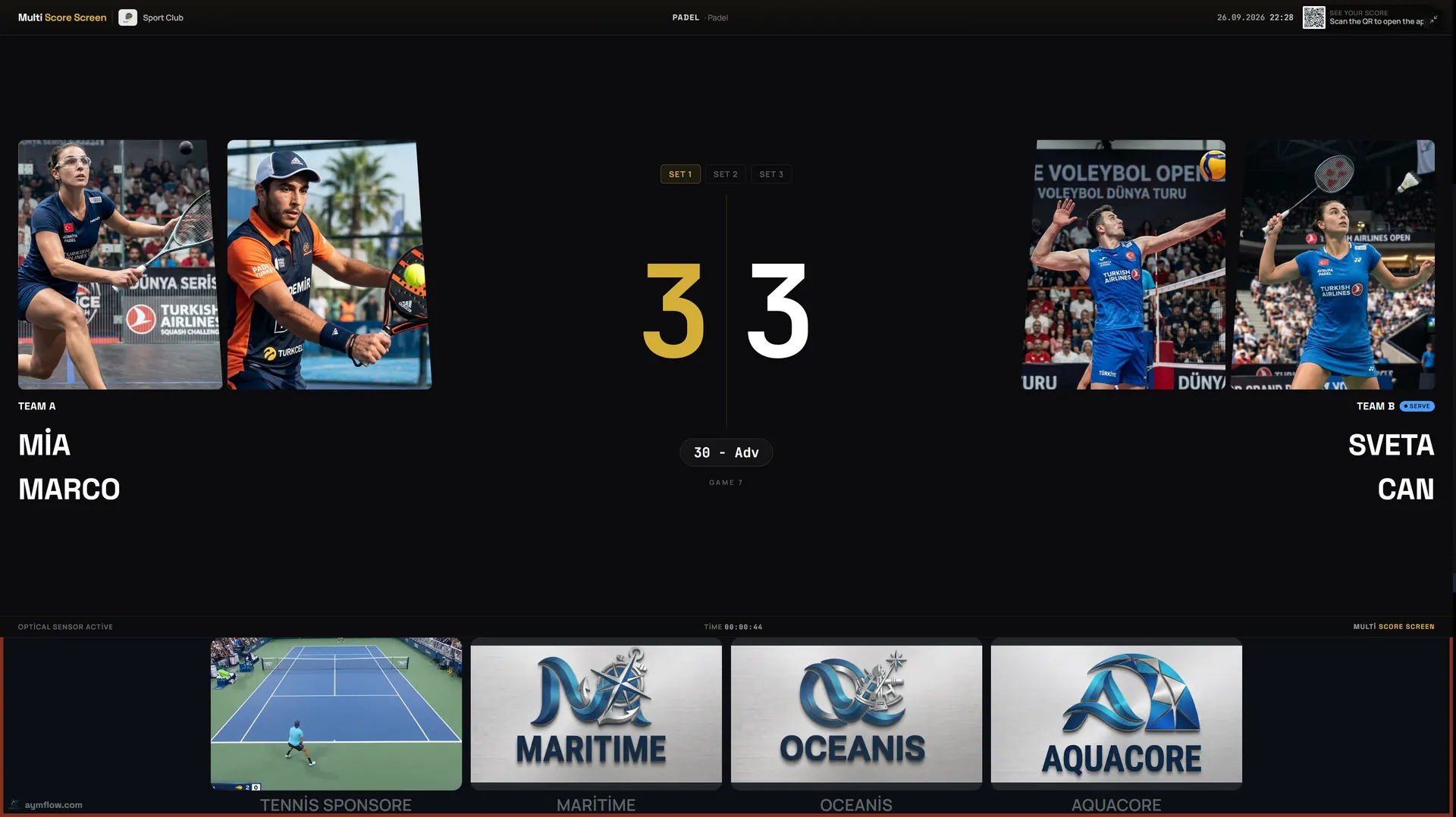 Padel scoreboard on TV by Multi Score Screen: doubles at 3-3 in set 1, 30-Adv game score, player photos and sponsor logos