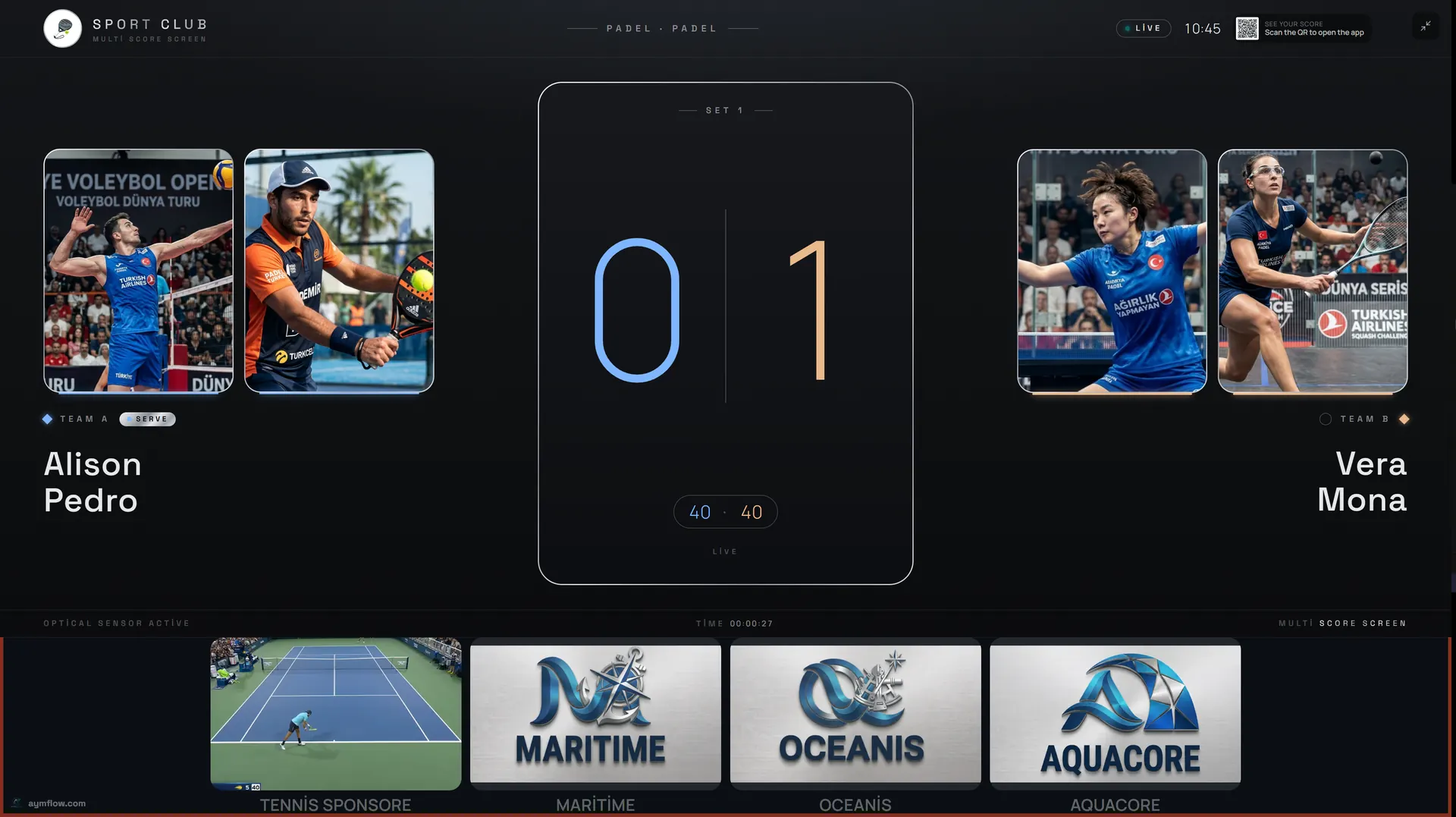 Multi Score Screen Platinum theme on a court TV: padel doubles at 0-1 in set 1, 40-40 game score, player photos and a sponsor strip