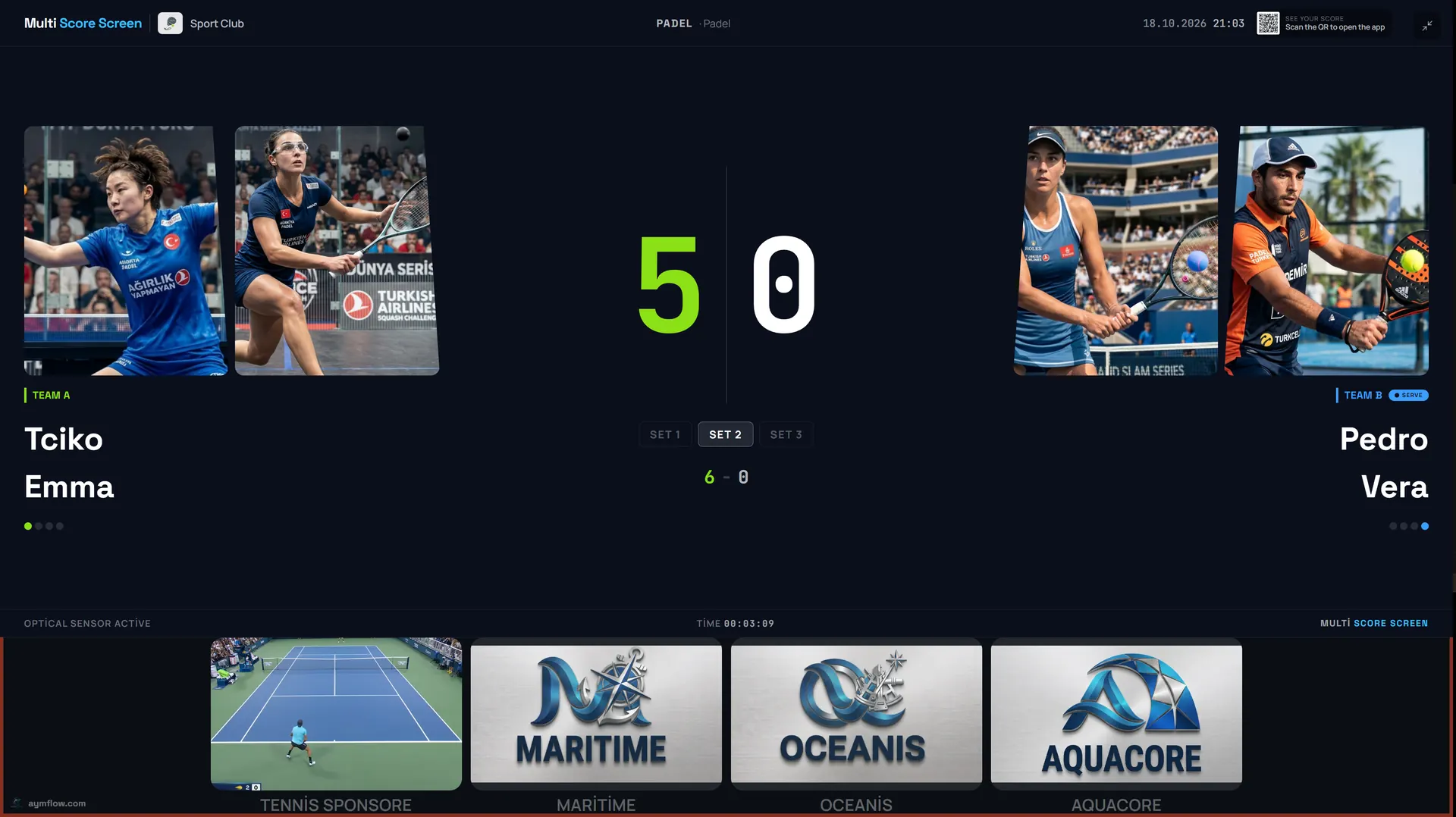 Pro theme padel score screen on a TV: large 5-0 game score in set 2, player photos and sponsor strip