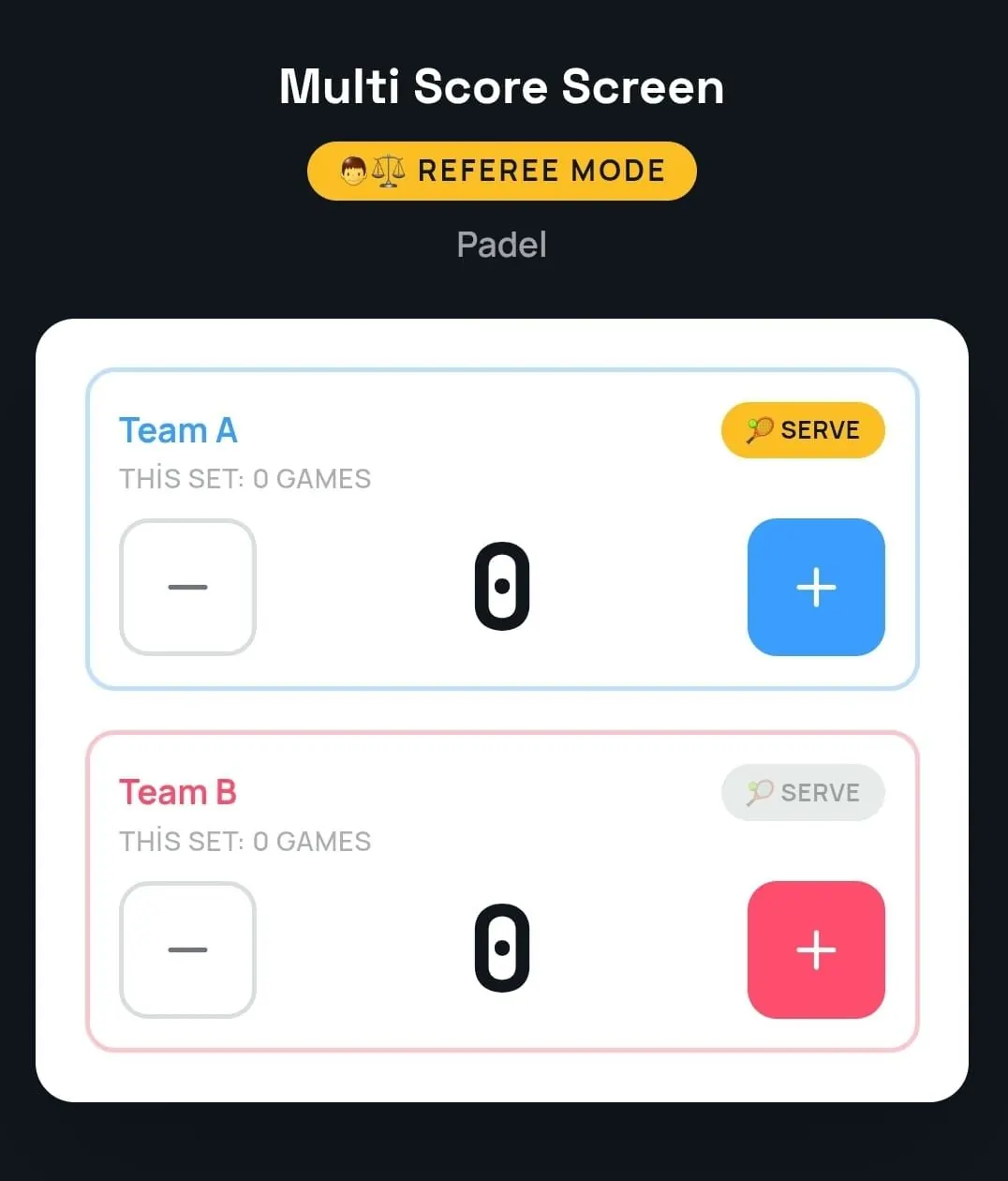 Multi Score Screen referee mode on a phone: plus and minus buttons for Team A and Team B, serve indicator and games in the current set