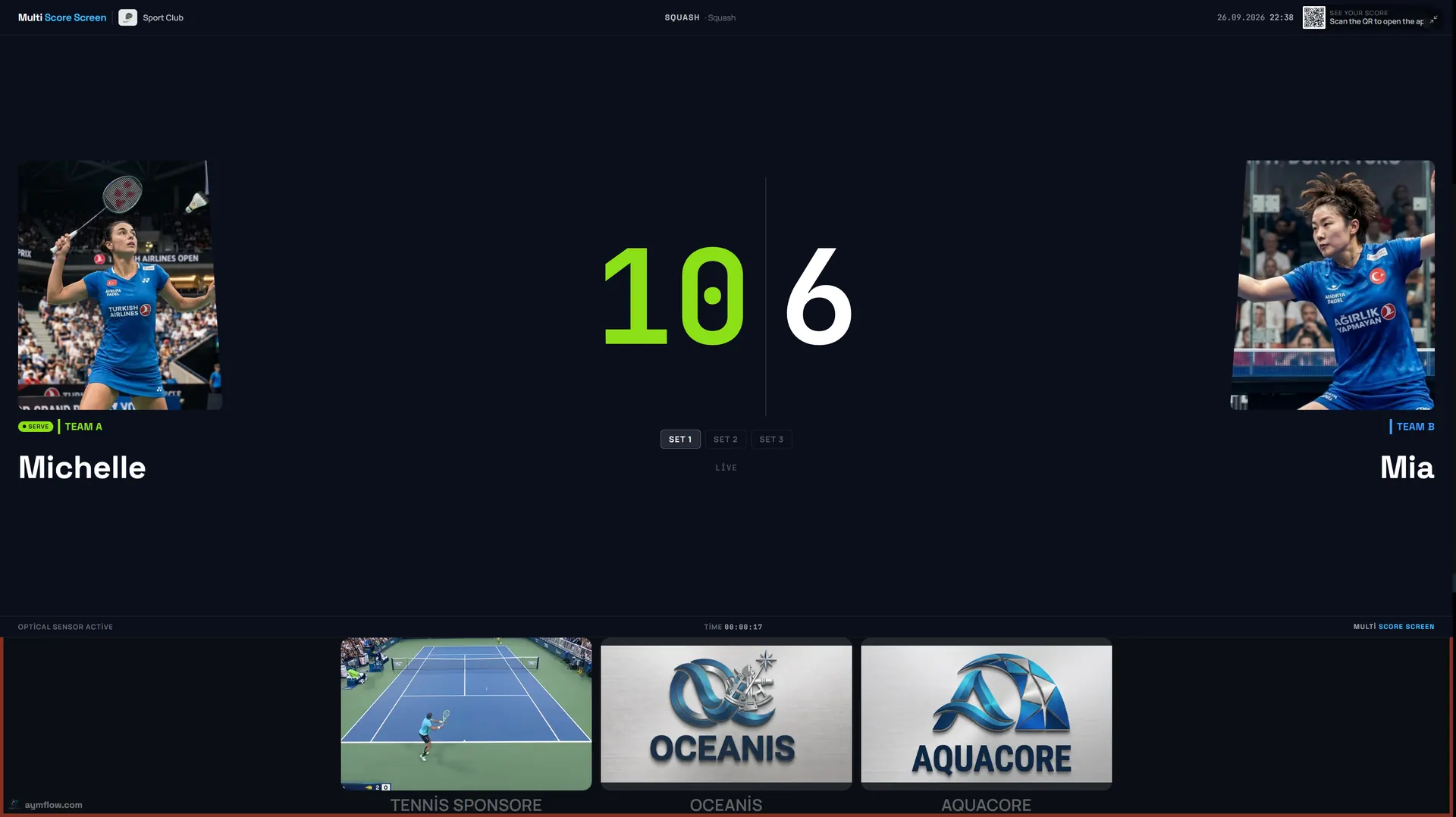 Multi Score Screen live squash scoreboard: singles game 1 at 10-6, serve indicator, player photos and sponsor logos