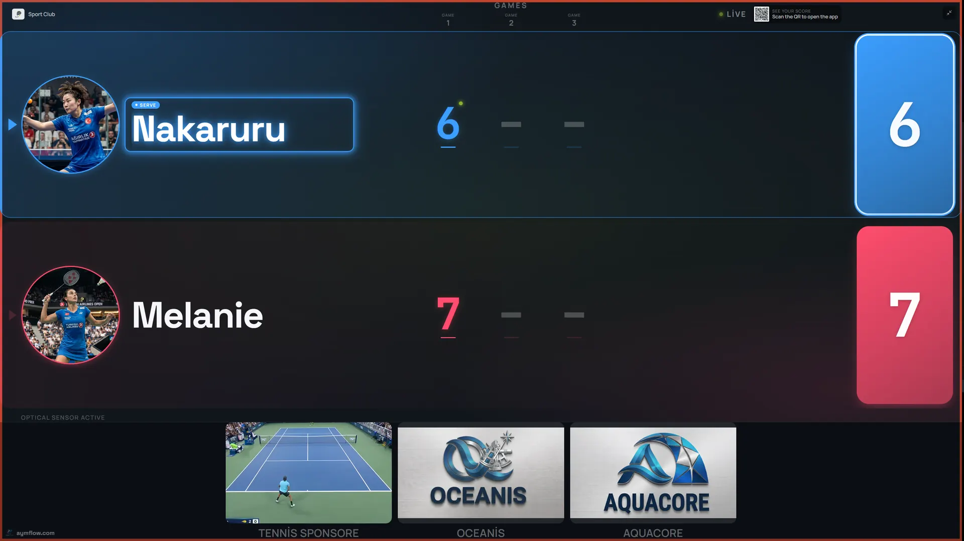 Multi Score Screen live table tennis scoreboard in broadcast style: singles game 1 at 6-7 with serve indicator and sponsor strip