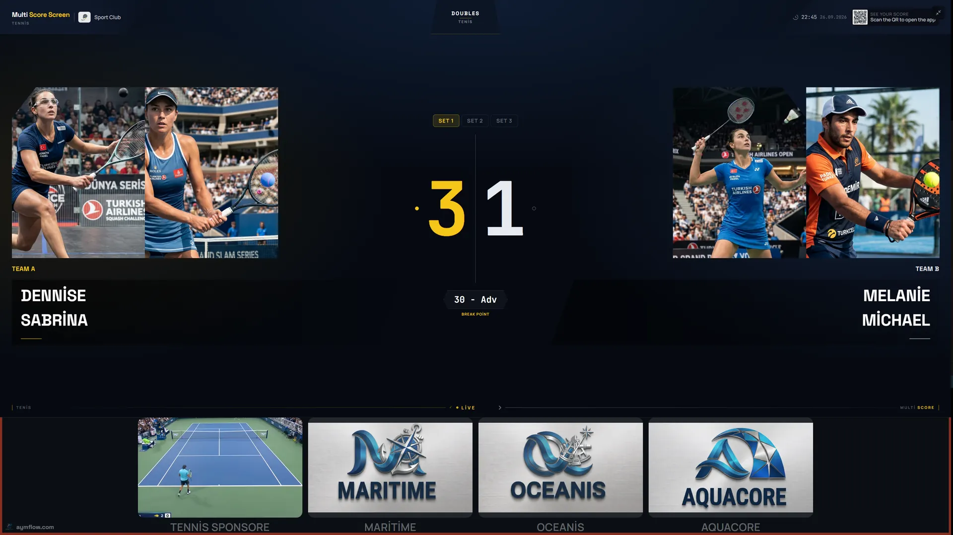 Multi Score Screen live tennis scoreboard on a court TV: doubles match, set 1 at 3-1, 30-Adv break point, player photos and a sponsor strip